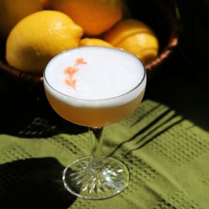 whiskey sour with bourbon and egg white served up in a coupe glass