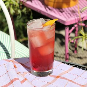Blamblin On cocktail with Brambleberry Bourbon and soda in highball glass with lemon twist
